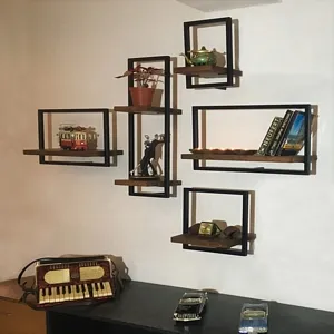 Woody Metal and Solid Wood Wall Shelf Unit Five Shelves W: 10 -14-20-24 inches- An Extra 6% off