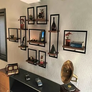 Woody Metal and Solid Wood Wall Shelf Unit Nine Shelves - An Extra 9% off
