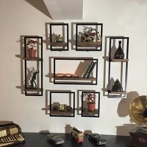 Woody Metal and Solid Wood Wall Shelf Unit Seven Shelves - An Extra 8% off