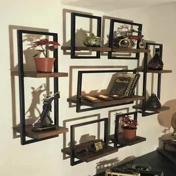 Woody Metal and Solid Wood Wall Shelf Unit Seven Shelves - An Extra 8% off