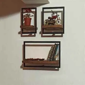 Woody Metal and Solid Wood Wall Shelf Unit Three Shelves - An Extra 7% off 