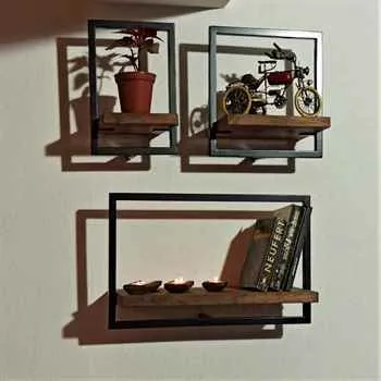 Woody Metal and Solid Wood Wall Shelf Unit Three Shelves - An Extra 7% off 