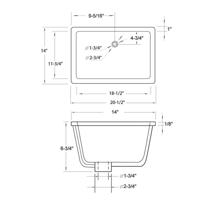 Undercounter Basin Single Sink Ceramic Undermount Top Sink 20-3/4″L x 14″W x 6-3/8″H