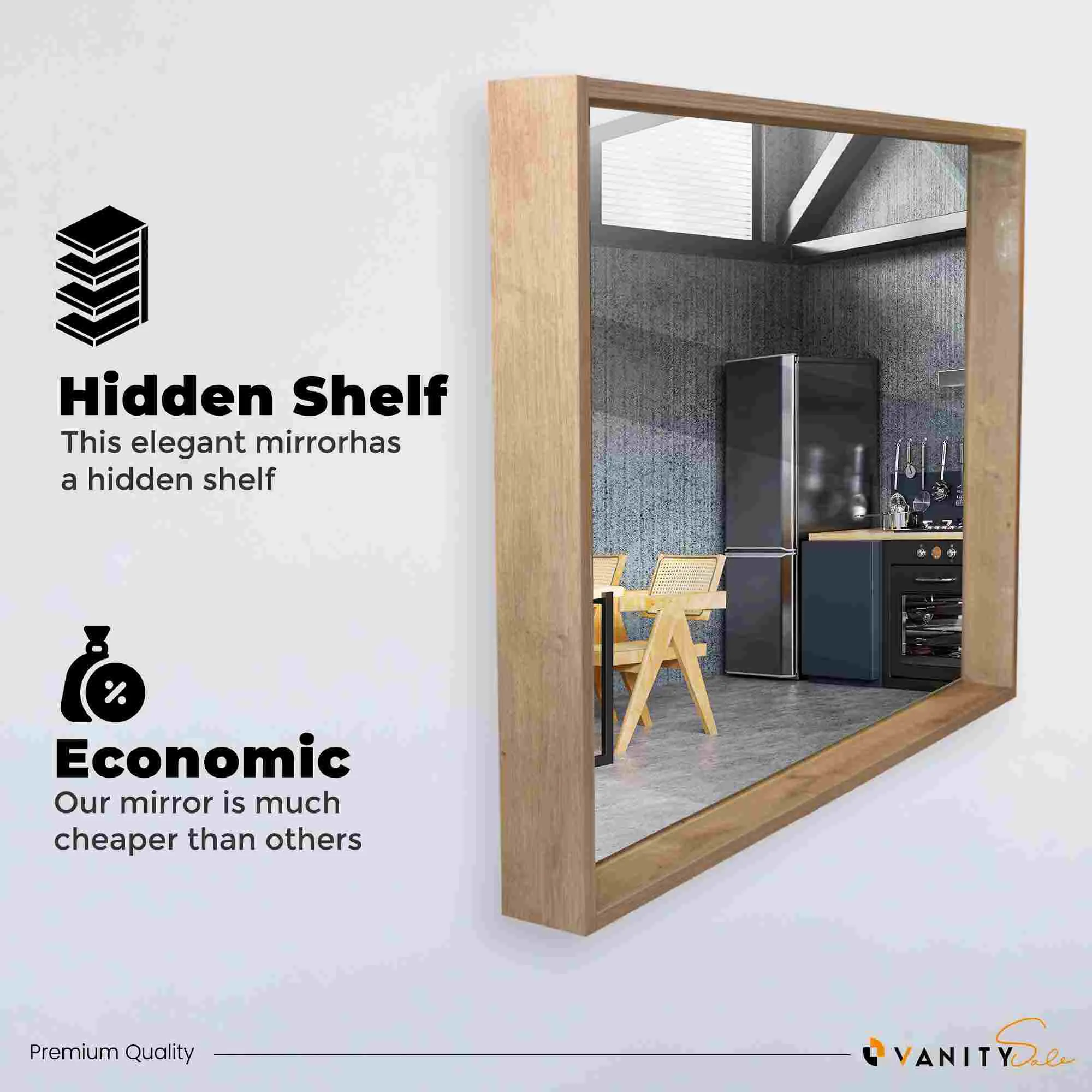 VANITY SALE Nara Hidden Shelf Mirror –  Large Bathroom Mirror with Small Frame, Contemporary Wall Mirrors W 35½  Inches