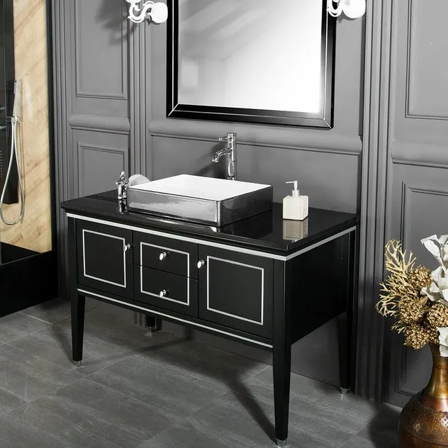 VANITY SALE Trenton Black / Silver Bathroom Cabinet– 48  inches, With 2 Doors and 1 Drawer, Solid wood Legs, MDF Panels
