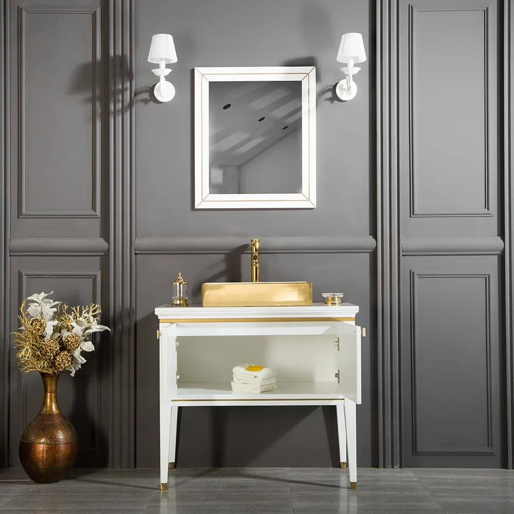 VANITY SALE Trenton White / Gold Bathroom Cabinet– 36 inches, White Color With Golden Glazed Frame On Door