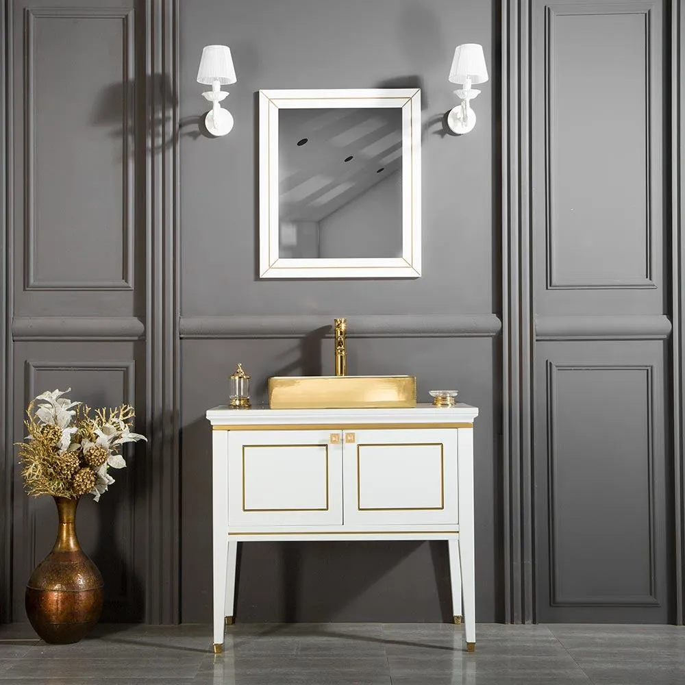 VANITY SALE Trenton White / Gold Bathroom Cabinet– 36 inches, White Color With Golden Glazed Frame On Door