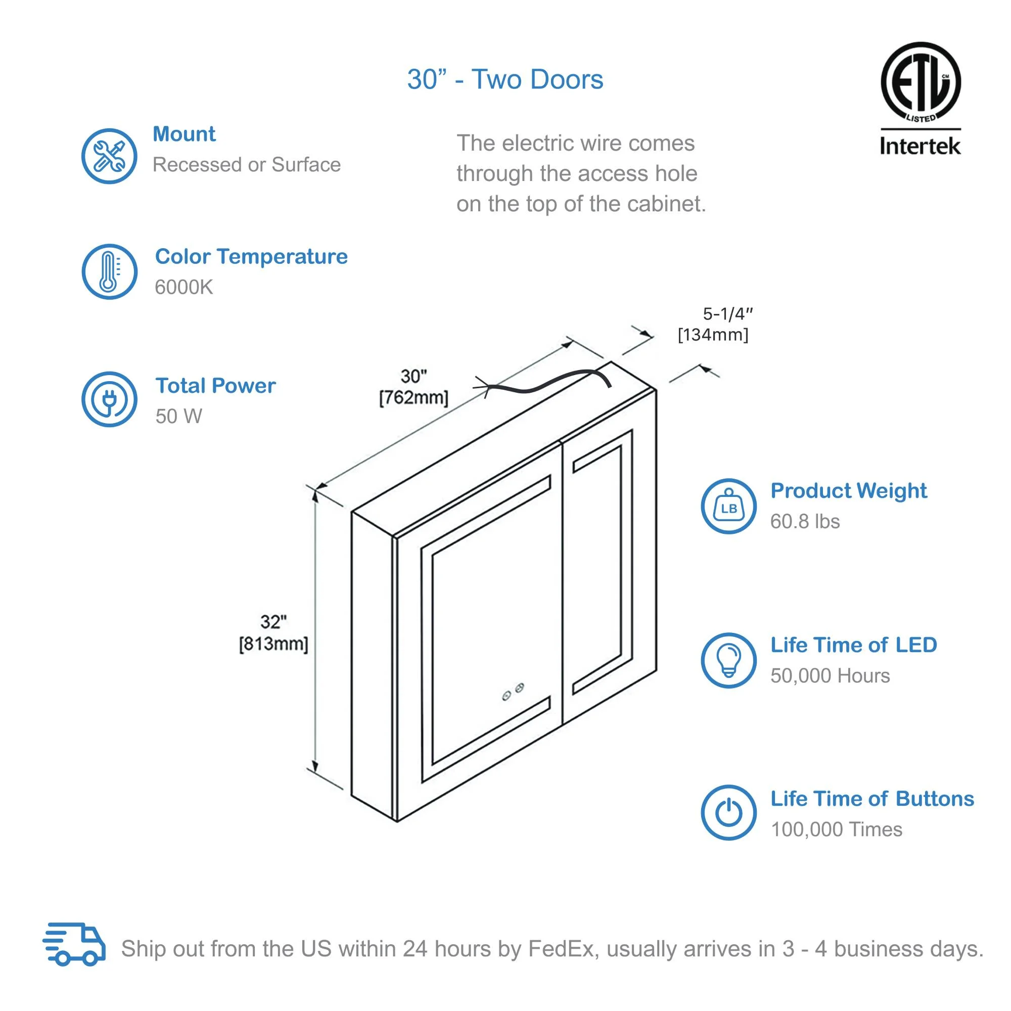 Vera – 20 Inches LED Medicine Cabinet 20″L / 20″R / 24″L / 24″R / 30″ / 36″ / 48″