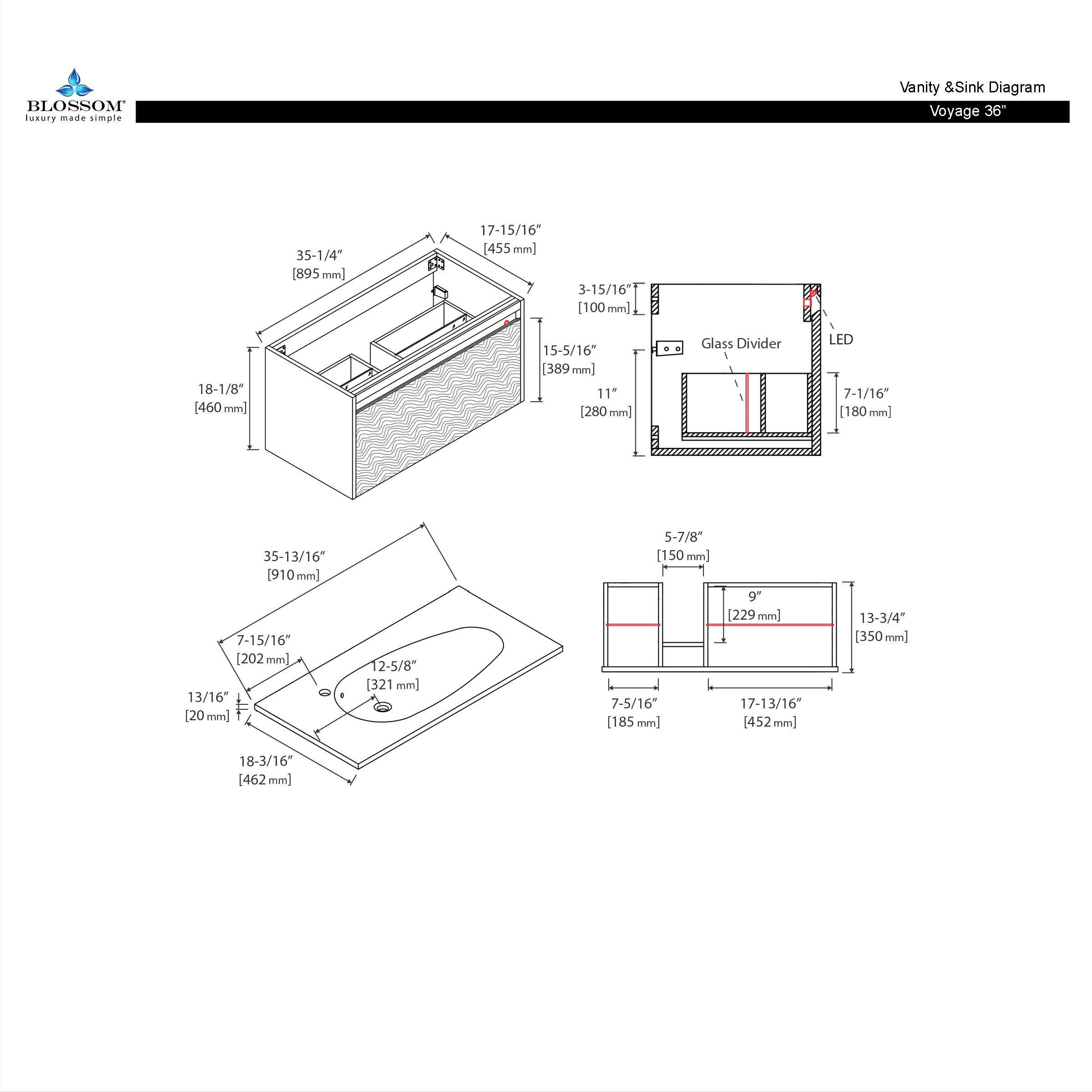 Violet 36″ Glossy White Vanity With Droplet-Shaped Basin (LED Illuminated)