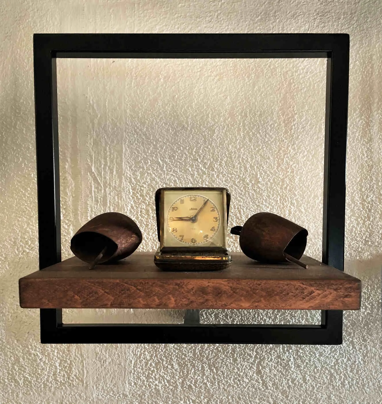 Woody Black Metal and Solid Wood Wall Shelf Unit W13,8’’ x H13,8‘’ -  An Extra 7% off