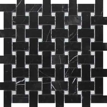 Nero Marquina Basketweave Mosaic Polished Black Color With White Dot Marble 12"x12"