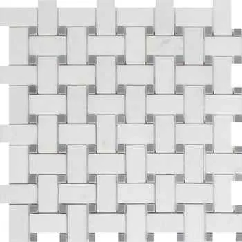 VANITY SALE Thassos Basketweave Mosaic Polished Marble Mosaic White & Moon Stone Dot Marble 12"x12" - <b>Extra 4% off</b>